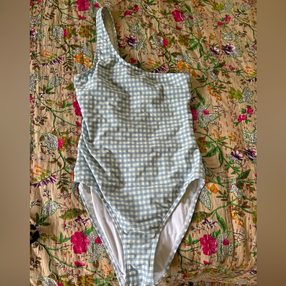 Bought on Farm Rio NWOT blue and white checked swim suit one shoulder xsmall